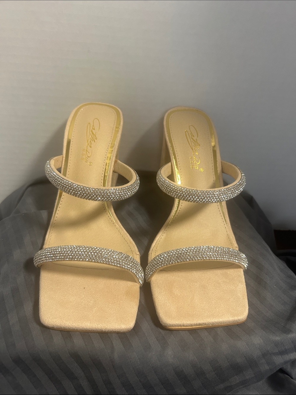 Sexy Beige Crystal Double-Strap Heeled Sandals